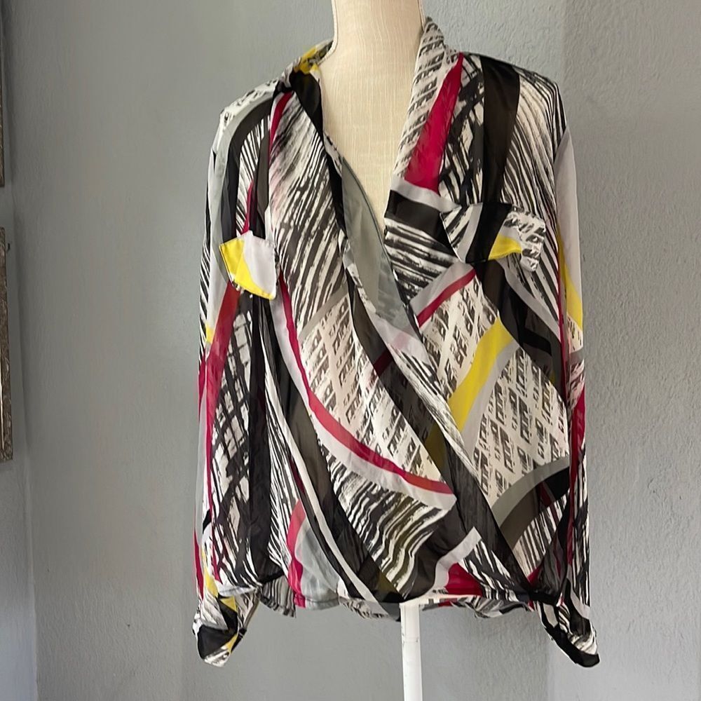 Bisou Bisou lightweight wrap front blouse with two pockets and pretty sleeves